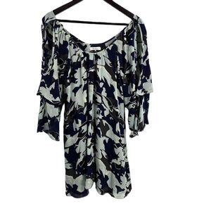 Parker Blue White Floral Print Off Shoulder Silk Dress Womens Extra Small